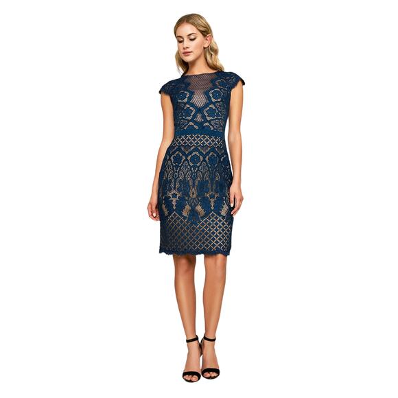 Tadashi Shoji Midnight Blue Brogan Nude Lace Cocktail Dress Women